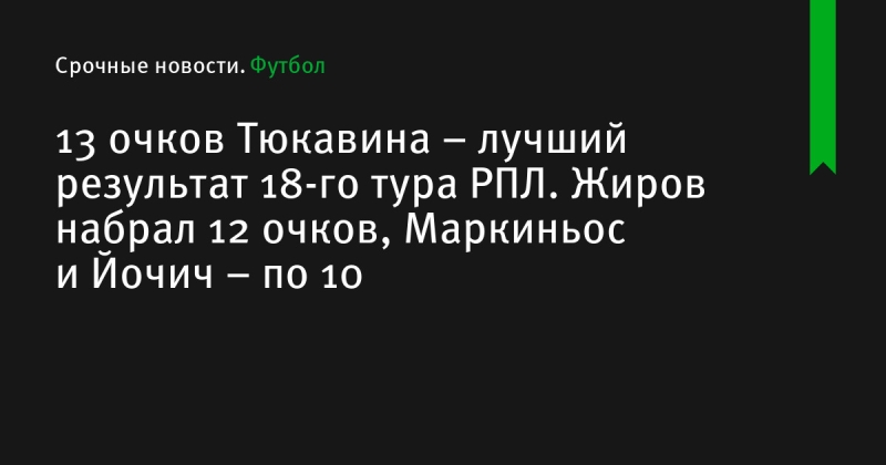 13 очков Тюкавина – лучший результат 18-го тура РПЛ. Жиров набрал 12 очков, Маркиньос и Йочич – по 10